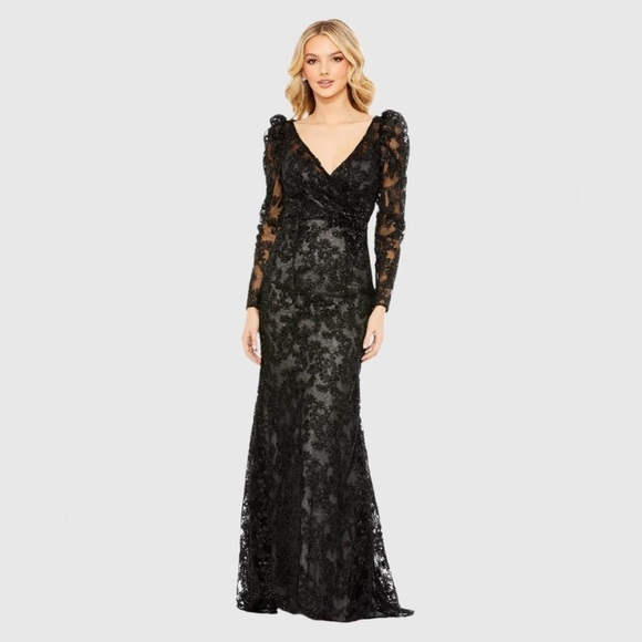 Mac Duggal 11324 NWT Embroidered Lace Puff Sleeve Wrap Over Gown - Picture 1 of 6